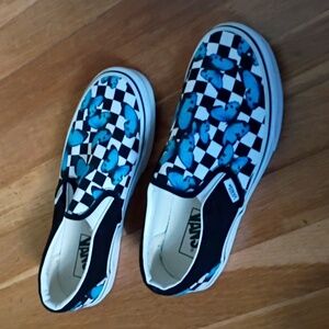 Vans Women's Size 8 Black and Blue Butterfly Checkered Slip-On Sneakers